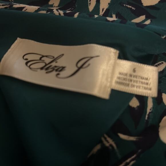 Eliza J Faux Wrap Collared Green Cream Navy Brushstroke Dress 6 - Picture 14 of 14